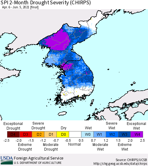 Korea SPI 2-Month Drought Severity (CHIRPS) Thematic Map For 4/6/2021 - 6/5/2021