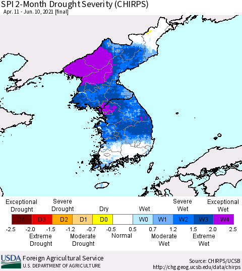 Korea SPI 2-Month Drought Severity (CHIRPS) Thematic Map For 4/11/2021 - 6/10/2021