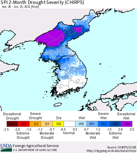 Korea SPI 2-Month Drought Severity (CHIRPS) Thematic Map For 4/26/2021 - 6/25/2021
