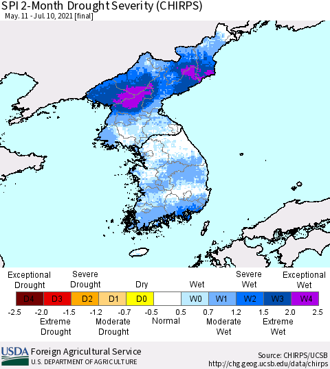 Korea SPI 2-Month Drought Severity (CHIRPS) Thematic Map For 5/11/2021 - 7/10/2021