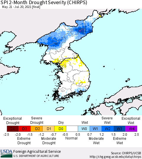 Korea SPI 2-Month Drought Severity (CHIRPS) Thematic Map For 5/21/2021 - 7/20/2021