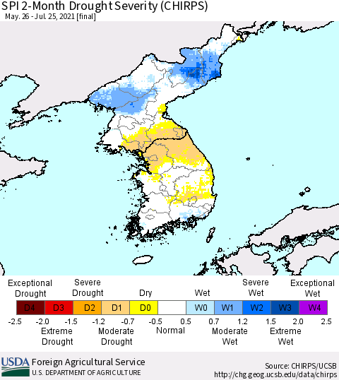 Korea SPI 2-Month Drought Severity (CHIRPS) Thematic Map For 5/26/2021 - 7/25/2021