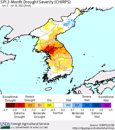 Korea SPI 2-Month Drought Severity (CHIRPS) Thematic Map For 6/1/2021 - 7/31/2021