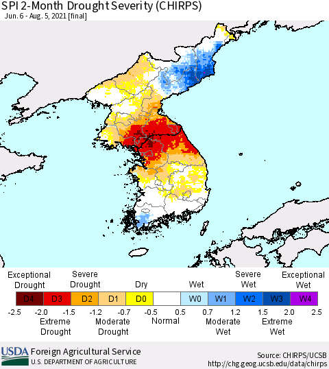Korea SPI 2-Month Drought Severity (CHIRPS) Thematic Map For 6/6/2021 - 8/5/2021