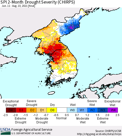 Korea SPI 2-Month Drought Severity (CHIRPS) Thematic Map For 6/11/2021 - 8/10/2021