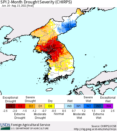 Korea SPI 2-Month Drought Severity (CHIRPS) Thematic Map For 6/16/2021 - 8/15/2021