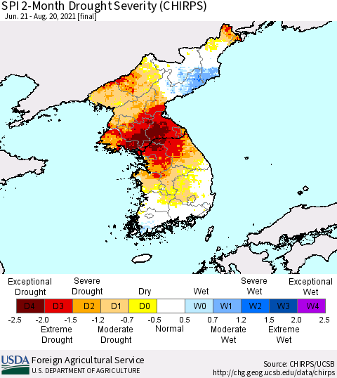 Korea SPI 2-Month Drought Severity (CHIRPS) Thematic Map For 6/21/2021 - 8/20/2021
