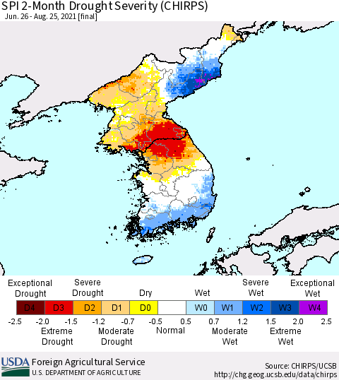 Korea SPI 2-Month Drought Severity (CHIRPS) Thematic Map For 6/26/2021 - 8/25/2021