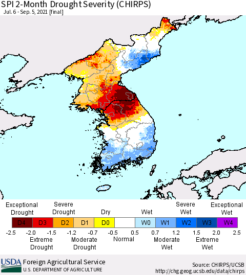 Korea SPI 2-Month Drought Severity (CHIRPS) Thematic Map For 7/6/2021 - 9/5/2021