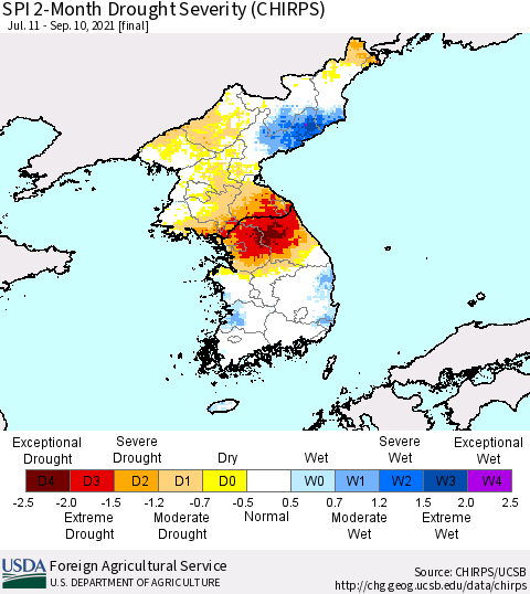 Korea SPI 2-Month Drought Severity (CHIRPS) Thematic Map For 7/11/2021 - 9/10/2021
