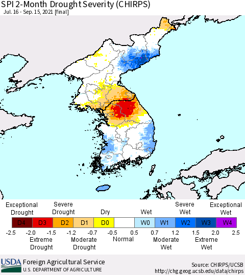 Korea SPI 2-Month Drought Severity (CHIRPS) Thematic Map For 7/16/2021 - 9/15/2021