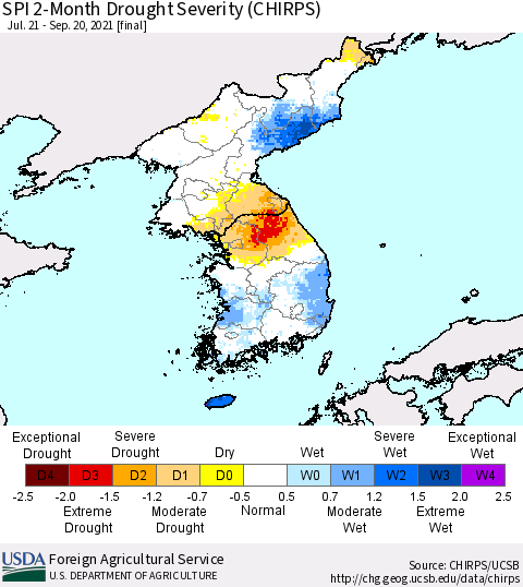 Korea SPI 2-Month Drought Severity (CHIRPS) Thematic Map For 7/21/2021 - 9/20/2021