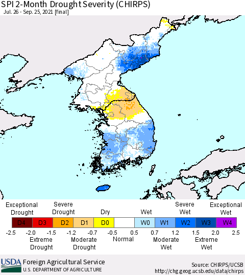 Korea SPI 2-Month Drought Severity (CHIRPS) Thematic Map For 7/26/2021 - 9/25/2021