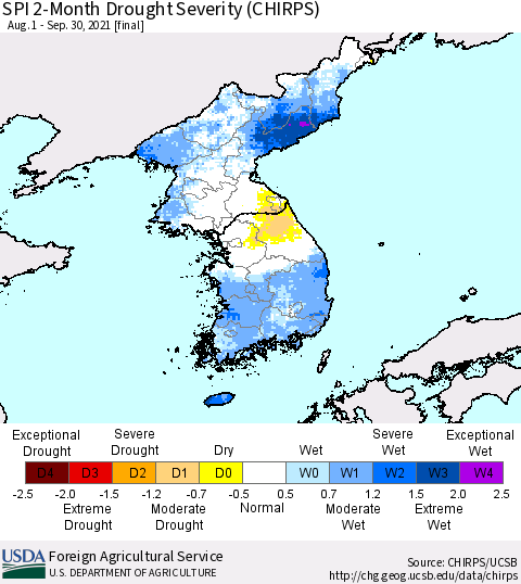 Korea SPI 2-Month Drought Severity (CHIRPS) Thematic Map For 8/1/2021 - 9/30/2021