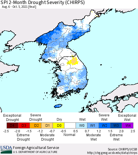 Korea SPI 2-Month Drought Severity (CHIRPS) Thematic Map For 8/6/2021 - 10/5/2021
