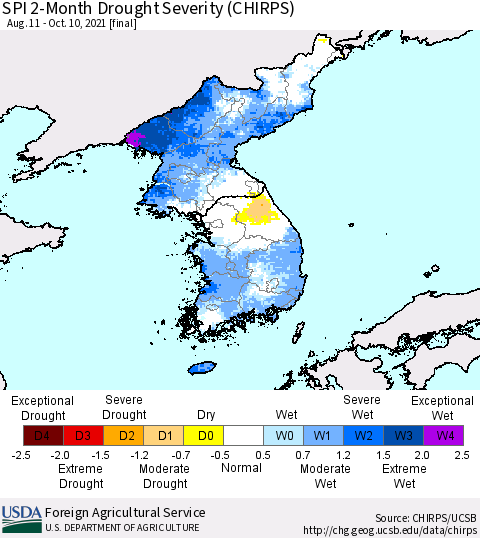 Korea SPI 2-Month Drought Severity (CHIRPS) Thematic Map For 8/11/2021 - 10/10/2021
