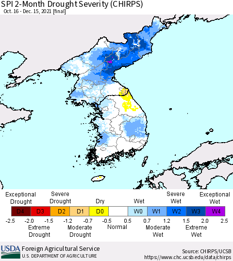 Korea SPI 2-Month Drought Severity (CHIRPS) Thematic Map For 10/16/2021 - 12/15/2021