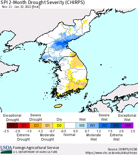Korea SPI 2-Month Drought Severity (CHIRPS) Thematic Map For 11/11/2021 - 1/10/2022