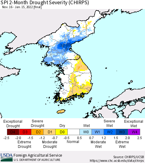 Korea SPI 2-Month Drought Severity (CHIRPS) Thematic Map For 11/16/2021 - 1/15/2022