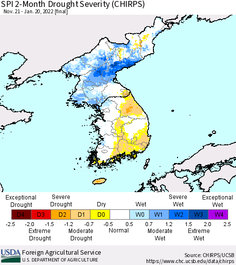 Korea SPI 2-Month Drought Severity (CHIRPS) Thematic Map For 11/21/2021 - 1/20/2022