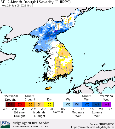 Korea SPI 2-Month Drought Severity (CHIRPS) Thematic Map For 11/26/2021 - 1/25/2022