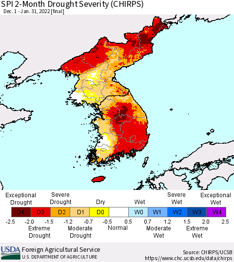 Korea SPI 2-Month Drought Severity (CHIRPS) Thematic Map For 12/1/2021 - 1/31/2022