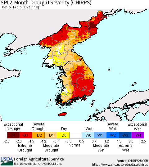 Korea SPI 2-Month Drought Severity (CHIRPS) Thematic Map For 12/6/2021 - 2/5/2022