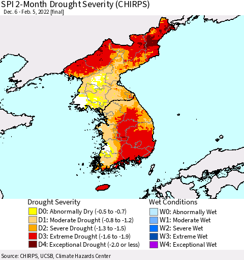 Korea SPI 2-Month Drought Severity (CHIRPS) Thematic Map For 12/6/2021 - 2/5/2022