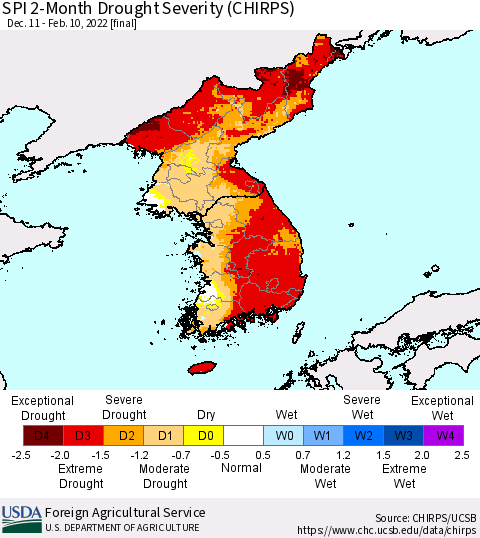Korea SPI 2-Month Drought Severity (CHIRPS) Thematic Map For 12/11/2021 - 2/10/2022
