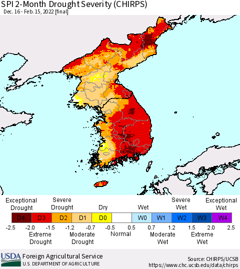 Korea SPI 2-Month Drought Severity (CHIRPS) Thematic Map For 12/16/2021 - 2/15/2022