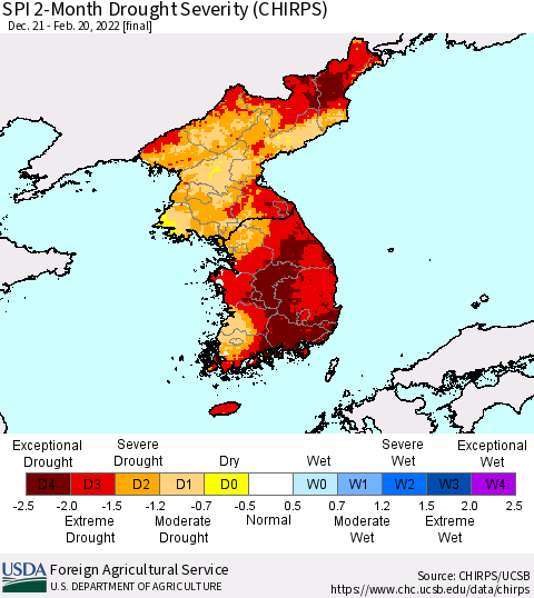 Korea SPI 2-Month Drought Severity (CHIRPS) Thematic Map For 12/21/2021 - 2/20/2022