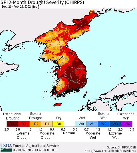 Korea SPI 2-Month Drought Severity (CHIRPS) Thematic Map For 12/26/2021 - 2/25/2022
