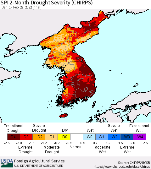 Korea SPI 2-Month Drought Severity (CHIRPS) Thematic Map For 1/1/2022 - 2/28/2022