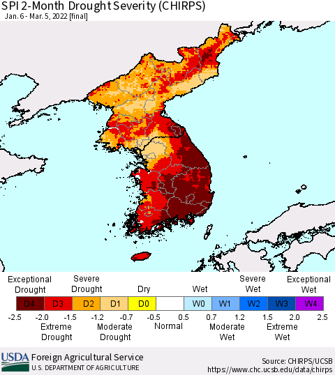 Korea SPI 2-Month Drought Severity (CHIRPS) Thematic Map For 1/6/2022 - 3/5/2022