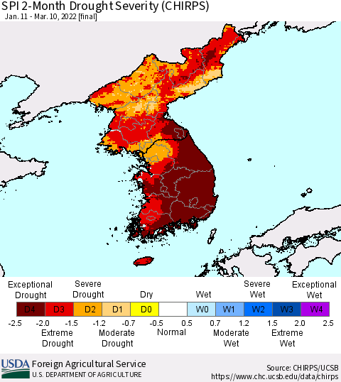 Korea SPI 2-Month Drought Severity (CHIRPS) Thematic Map For 1/11/2022 - 3/10/2022