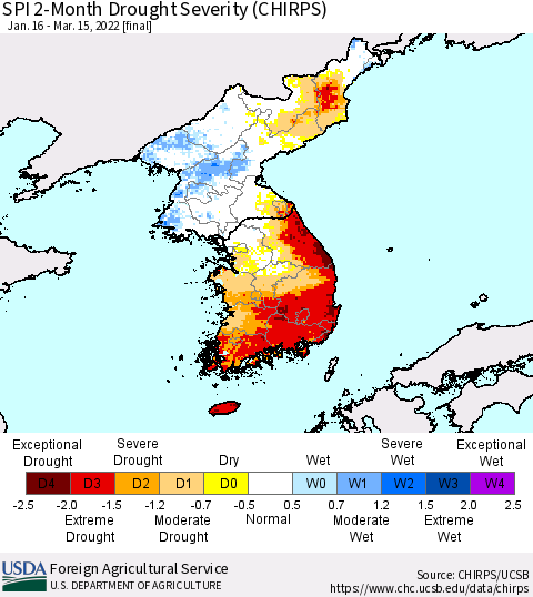 Korea SPI 2-Month Drought Severity (CHIRPS) Thematic Map For 1/16/2022 - 3/15/2022