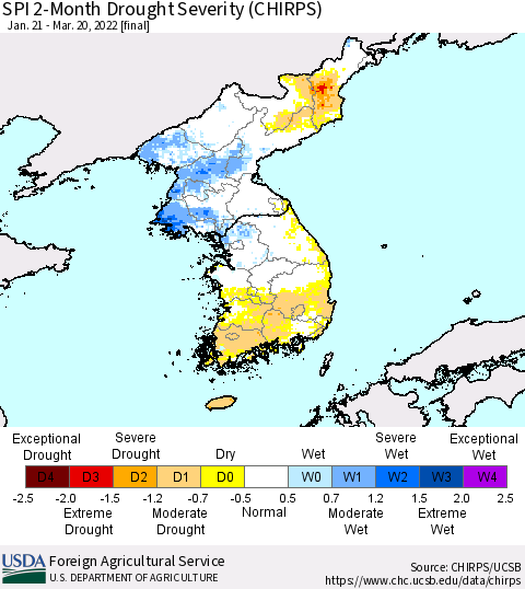 Korea SPI 2-Month Drought Severity (CHIRPS) Thematic Map For 1/21/2022 - 3/20/2022