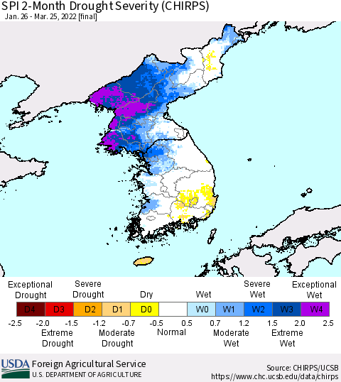 Korea SPI 2-Month Drought Severity (CHIRPS) Thematic Map For 1/26/2022 - 3/25/2022