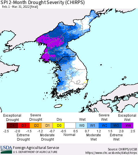 Korea SPI 2-Month Drought Severity (CHIRPS) Thematic Map For 2/1/2022 - 3/31/2022