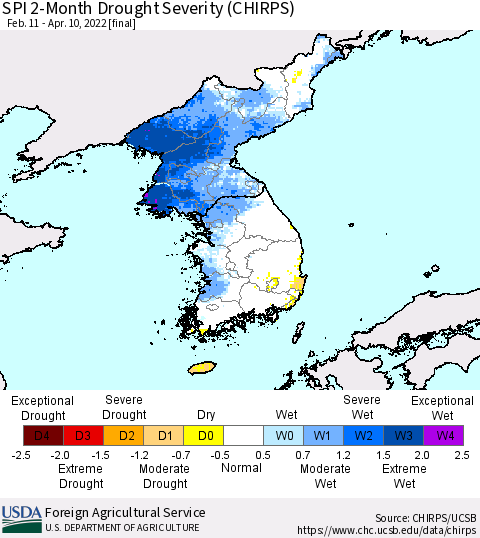 Korea SPI 2-Month Drought Severity (CHIRPS) Thematic Map For 2/11/2022 - 4/10/2022