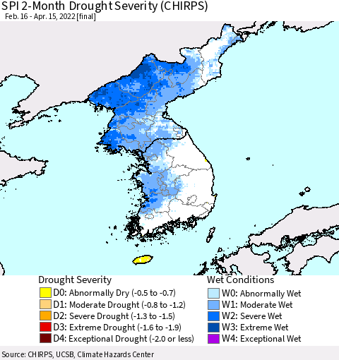 Korea SPI 2-Month Drought Severity (CHIRPS) Thematic Map For 2/16/2022 - 4/15/2022