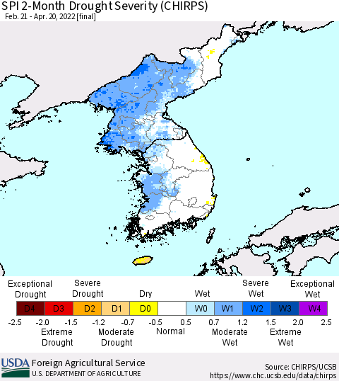 Korea SPI 2-Month Drought Severity (CHIRPS) Thematic Map For 2/21/2022 - 4/20/2022