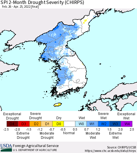 Korea SPI 2-Month Drought Severity (CHIRPS) Thematic Map For 2/26/2022 - 4/25/2022