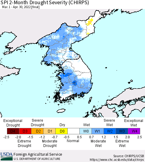 Korea SPI 2-Month Drought Severity (CHIRPS) Thematic Map For 3/1/2022 - 4/30/2022