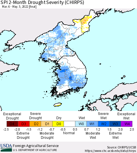 Korea SPI 2-Month Drought Severity (CHIRPS) Thematic Map For 3/6/2022 - 5/5/2022
