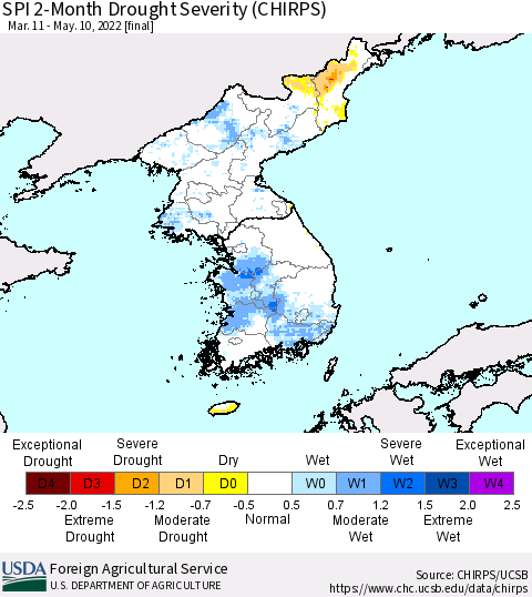 Korea SPI 2-Month Drought Severity (CHIRPS) Thematic Map For 3/11/2022 - 5/10/2022