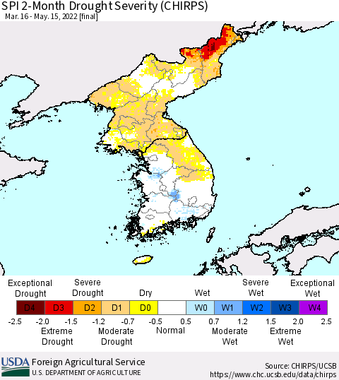 Korea SPI 2-Month Drought Severity (CHIRPS) Thematic Map For 3/16/2022 - 5/15/2022