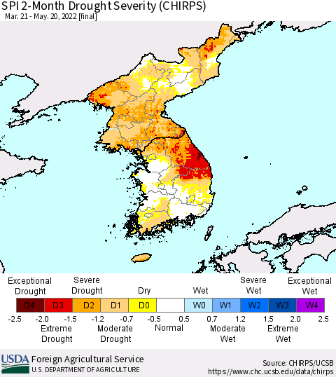 Korea SPI 2-Month Drought Severity (CHIRPS) Thematic Map For 3/21/2022 - 5/20/2022