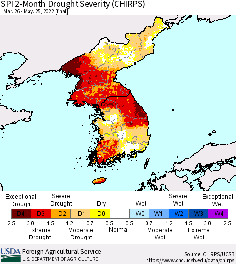 Korea SPI 2-Month Drought Severity (CHIRPS) Thematic Map For 3/26/2022 - 5/25/2022