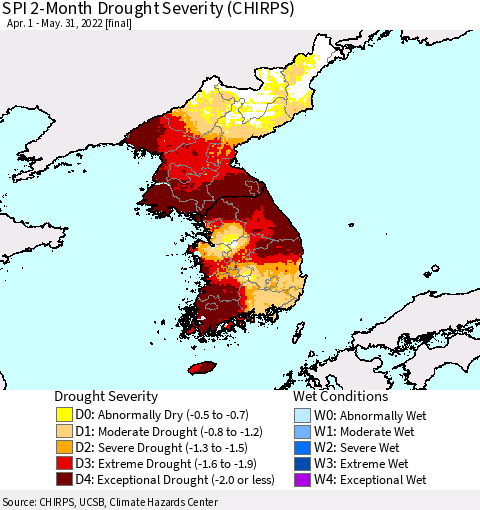 Korea SPI 2-Month Drought Severity (CHIRPS) Thematic Map For 4/1/2022 - 5/31/2022